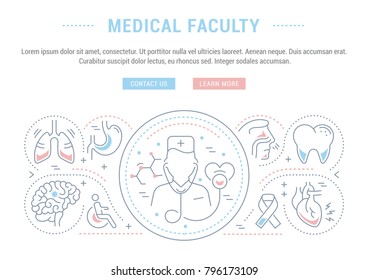 Line illustration of medical faculty. Concept for web banners and printed materials. Template with buttons for website banner and landing page.