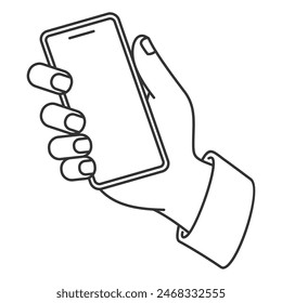 Line illustration of a mobile phone being held on a transparent white background using a customizable EPS vector file, suitable for logos, signs, icons and more.