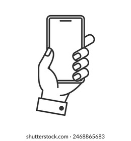 Line illustration of a mobile phone being held on a transparent white background using a customizable EPS vector file, suitable for logos, signs, icons and more.