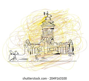 Line illustration of Monument to King Alfonso XII, symbol of The Buen Retiro Park Parque del Buen Retiro located in central Madrid