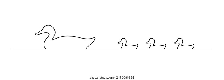 line illustration of a mother duck with her chicks swimming, editable stroke