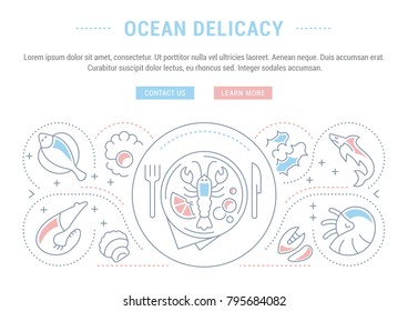 Line illustration of ocean delicacy. Concept for web banners and printed materials. Template with buttons for website banner and landing page.