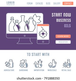 Line illustration of oils. Concept for web banners and printed materials. Template with buttons for website banner and landing page.