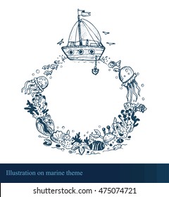 line illustration on marine theme with ship