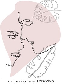  Line illustration. One line.  Minimalist. Simple drawing. Couple About to Kiss.  Minimalist people icon. Line faces. Love couple.
