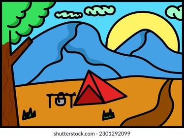 Line illustration pack. mountain view and campsite
