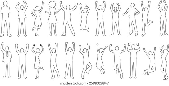 line illustration of people jumping, celebrating, diverse crowd, energetic motion, vector art, outline figures, joyful expression, dynamic poses