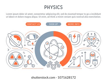 Line illustration of physics. Concept for web banners and printed materials. Template with buttons for website banner and landing page.