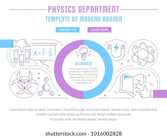 Line illustration of physics department. Concept for web banners and printed materials. Template with buttons for website banner and landing page.