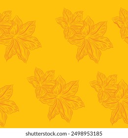 Line illustration of Pumpkin flower. Seamless vector pattern of pumpkin flower on a Yellow background. 
