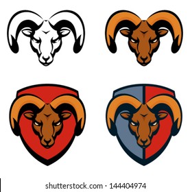 line illustration of a ram, sheep, mouflon or goat head, isolated or placed on simple shield, suitable as sport team mascot, logo design or emblem. Vector eps file.