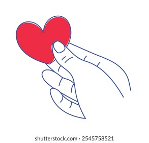 Line illustration of the read heart in hand. St Valentine's day 