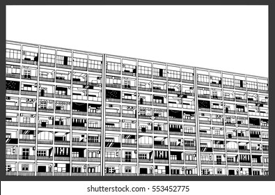 Line illustration of residential building from low angle perspective