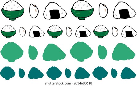 Line illustration of rice balls, tea bowls and rice