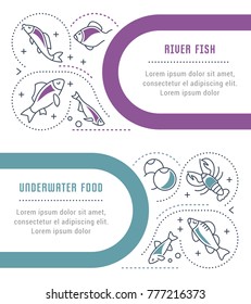 Line illustration of river fish and underwater food. Concept for web banners and printed materials. Template for website banner and landing page.