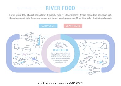 Line illustration of river food. Concept for web banners and printed materials. Template with buttons for website banner and landing page.