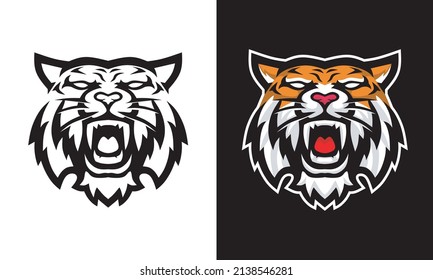 line illustration of a roaring tiger head in various color combinations, suitable as tattoo or sport team mascot