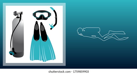 Line illustration of a scuba diver and some objects corresponding to this sport.
