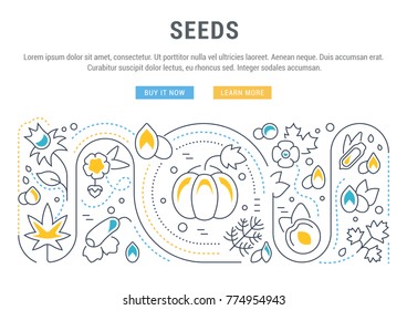 Line illustration of seeds. Concept for web banners and printed materials. Template with buttons for website banner and landing page.