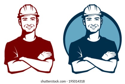 Line Illustration Of A Smiling Construction Worker With Safety Hard Hat. Young Man, A Builder, Stylized Outlined Illustration.