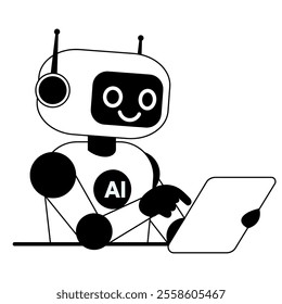 Line illustration smiling robot chat with tablet on isolated white background