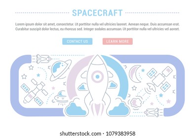 Line illustration of spacecraft. Concept for web banners and printed materials. Template with buttons for website banner and landing page.