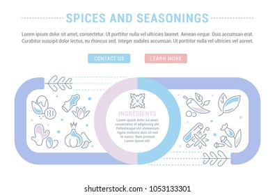 Line illustration of spices and seasonings. Concept for web banners and printed materials. Template with buttons for website banner and landing page.