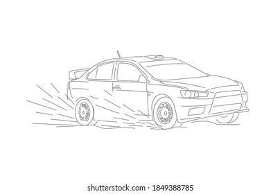 Line illustration of sport car on race in speed motion, drifting in mud, sketch isolated