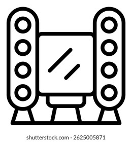Line illustration of a stylish makeup mirror framed by light bulbs, symbolizing beauty and fashion