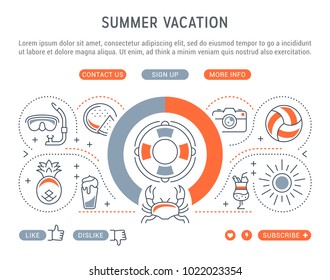 Line illustration of summer vacation. Concept for web banners and printed materials. Template with buttons for website banner and landing page.