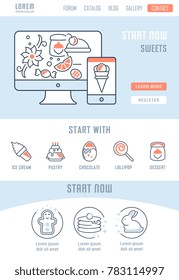 Line illustration of sweets. Concept for web banners and printed materials. Template with buttons for website banner and landing page.