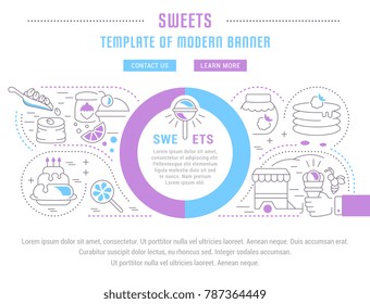 Line illustration of sweets. Concept for web banners and printed materials. Template with buttons for website banner and landing page.