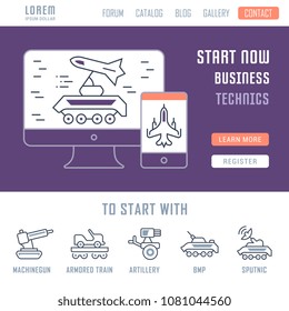 Line illustration of technics. Concept for web banners and printed materials. Template with buttons for website banner and landing page.