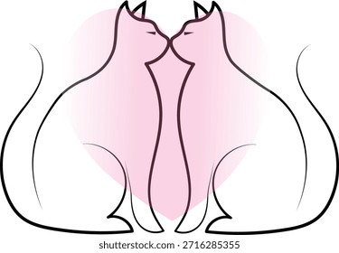 Line illustration of two cats gently touching nose a subtle heart shape.	
