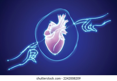 Line illustration of two glowing human hands touching a heart with a finger in the center on a dark blue background. Medical, scientific and commercial use.