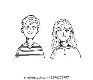 Line illustration of two smiling man and woman doodle cartoon vector profile characters.