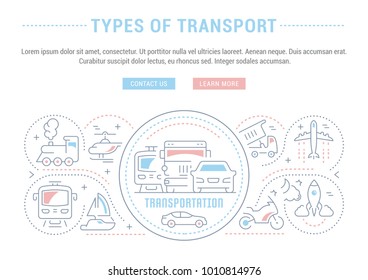 Line illustration of types of transport. Concept for web banners and printed materials. Template with buttons for website banner and landing page.