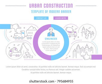 Line illustration of urban construction. Concept for web banners and printed materials. Template with buttons for website banner and landing page.