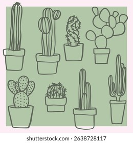 Line illustration of various cacti in decorative pots, minimalist doodle style. Botanical design