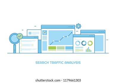 Line illustration for website traffic analysis, website data, graph, chart, analytics vector banner on white background