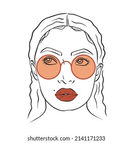 Line illustration of woman with big red lips in round red sunglasses