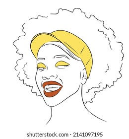 Line illustration of woman in yellow cap with red lips and yellow eyeshadows