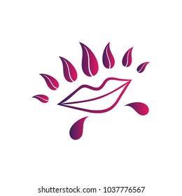 Line illustration of womens lips with purple leaves. Abstract vector logo, sign or emblem design elements. Concept for beauty salon, cosmetics product, lipstick label, cosmetology procedures, makeup.