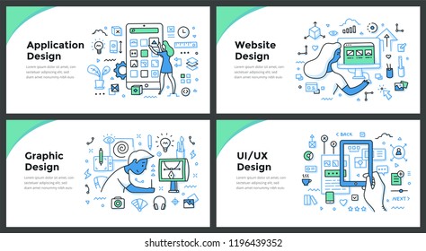 Line illustrations of application, graphic, website and user experience design. Doodle vector concepts of design and development for web banners, hero images or printed materials