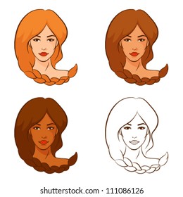 line illustrations of beautiful woman with braided hair. Beauty or hair salon logo, hair care cosmetic products design. Vector eps file.