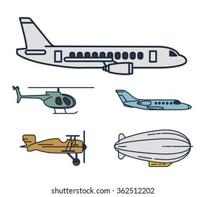 Line Illustrations of Flying Vehicles,  Plane, Jet, Helicopter, Zeppelin,