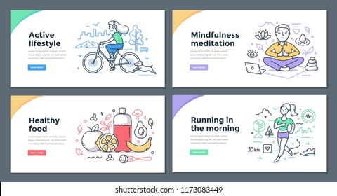 Line illustrations of healthy habits: riding a bike, meditating with mindfulness, eating healthy food, running in the morning. Doodle vector concepts for web banners, hero images or printed materials