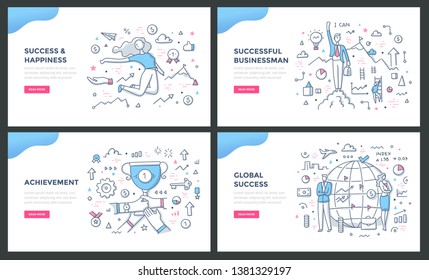 Line illustrations of success concepts: successful businessman, success & happiness, achievement reward, global success. Doodle vector concepts for web banners, hero images or printed materials