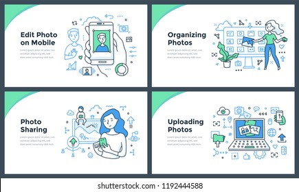 Line illustrations of taking, editing, organizing & uploading photos online. Doodle vector concepts of sharing visual content for web banners, hero images or printed materials