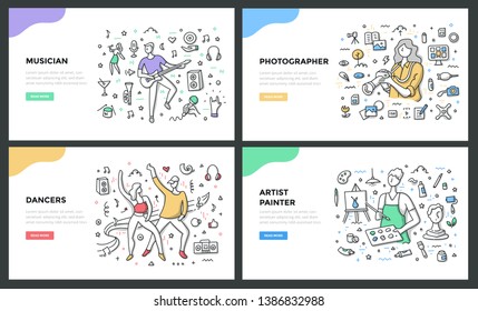 Line illustrations of various creative professions: musician, photographer, dancer & artist-painter. Doodle vector concepts for web banners, hero images or printed materials